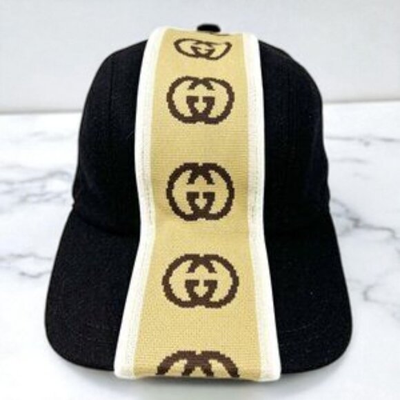 NWT Authentic Gucci  Wool Interlocking GG Stripe Baseball Hat M Black - Picture 3 of 5